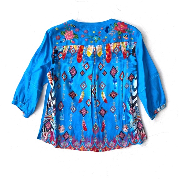 John Mark Embroidered 3/4 Sleeve Tunic Linen BUTTON HOLE Petite Medium PM - Picture 3 of 4